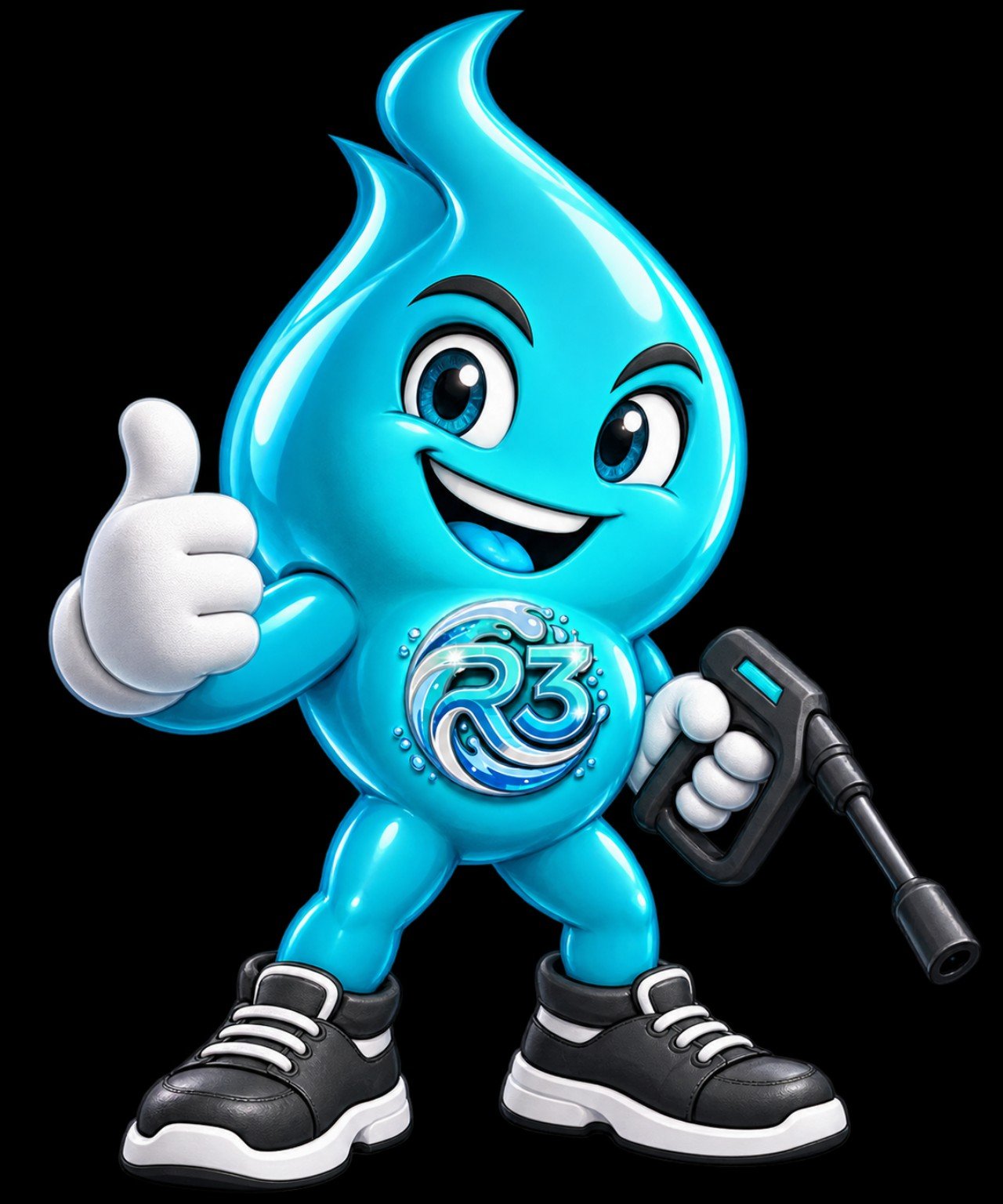 Maskot tetes air turquoise R3fresh dengan logo R3 dan alat cuci kendaraan